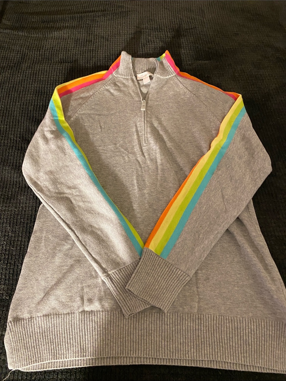 Belle by Kim Gravel Gray Quarter-Zip Sweater with Rainbow Stripe Sleeves